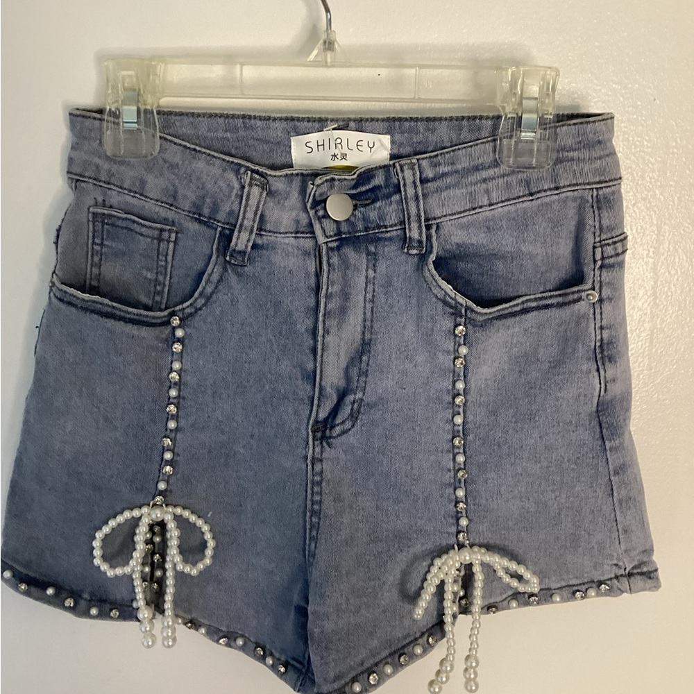 Pearl Embellished Jean Shorts  S